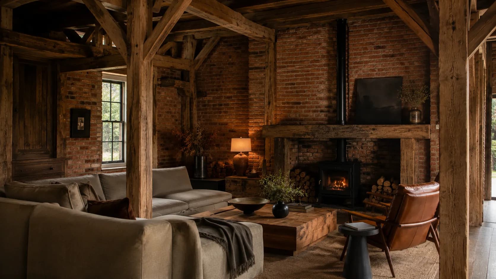 The finished Brick & Beam barn interior with the timber frame kept exposed