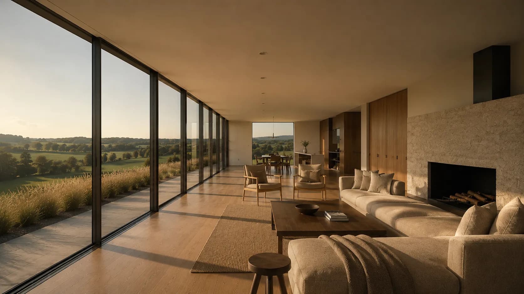 The finished Long House living room along the glazed south wall